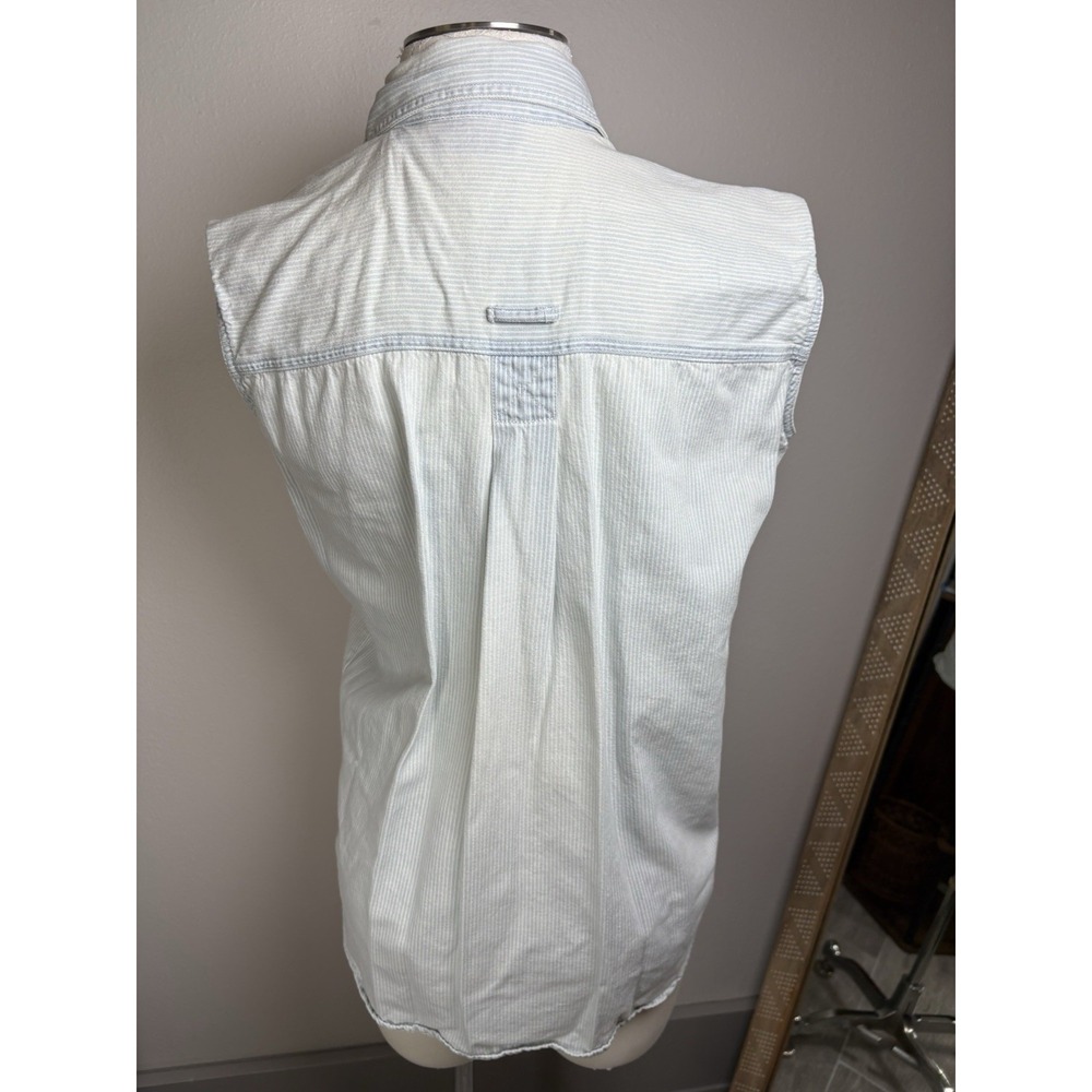 Vintage Off Base Men S Light Blue Sleeveless Button Up Hickory Stripe Cotton - Picture 4 of 14